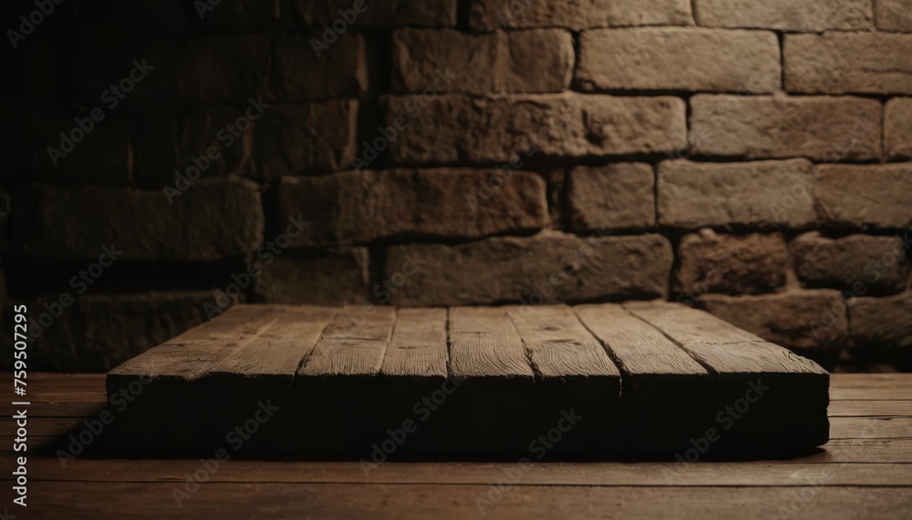 Fototapeta premium Old wood table with blurred concrete block wall in dark room background.