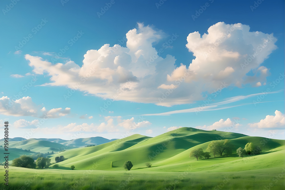 A painting of green hills under a cloudy sky