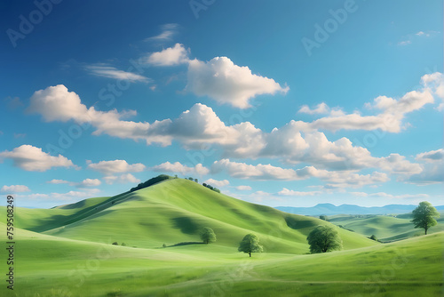 A painting of green hills under a cloudy sky
