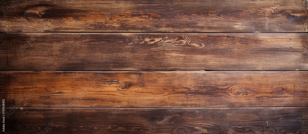 A closeup shot of a brown hardwood table with a wood stain, showcasing the beautiful pattern of the wooden plank. The blurred background highlights the rectangle shape of the table - obrazy, fototapety, plakaty 