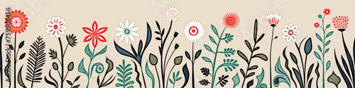 Hand drawn grass and flowers, spring meadow, seamless border, vector illustration 