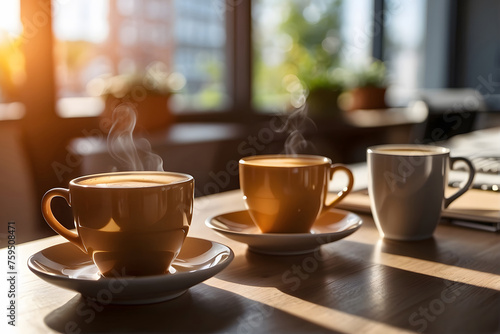 Two coffee cups sitting on a wooden table
