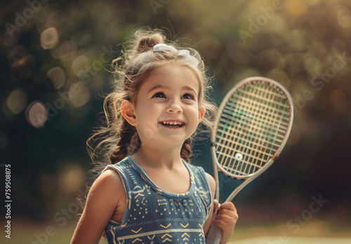 photograph of Happy little girl playing tennis on court, holding racket in hands