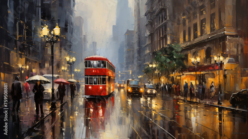 Rainy City Street Oil Painting ..