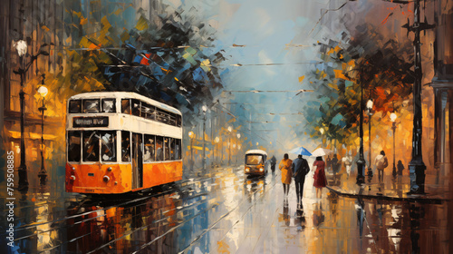 Rainy City Street Oil Painting ..