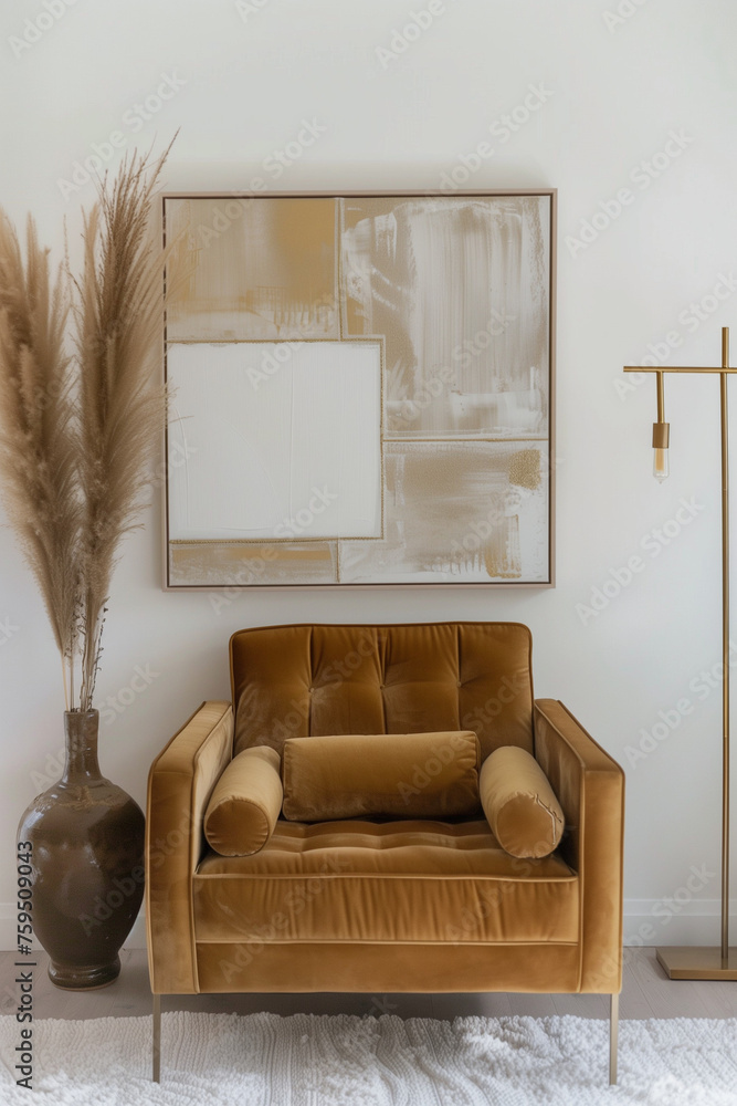 A large square framed blank canvas in the style of art deco, hanging on an empty wall above
