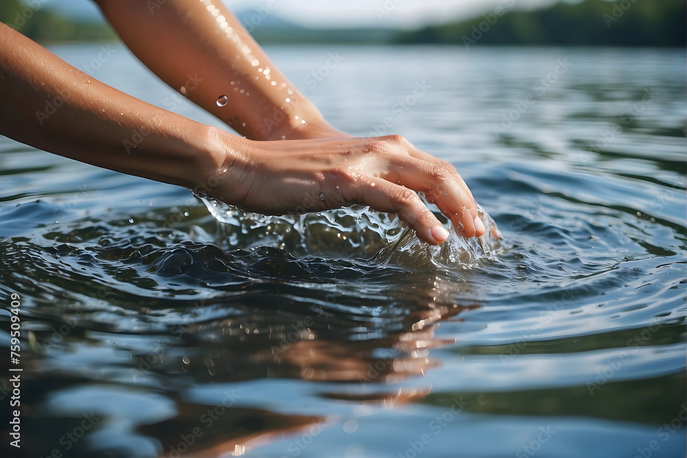 A close-up of a woman's hand as she holds it in the lake, fresh water splashing around her palm