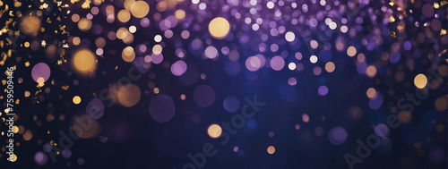 Background of Abstract Glitter Lights in Lilac, Gold, and Midnight Blue. Defocused Banner.