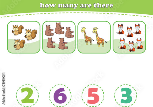 Educational worksheet for preschool kids. Count wild animals. Math game for children. Vector