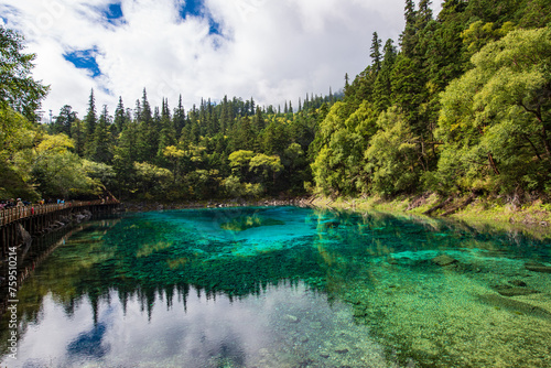 Beautiful view of the blue lake of Wolong Sea in Jiuzhaigou, Sichuan, China