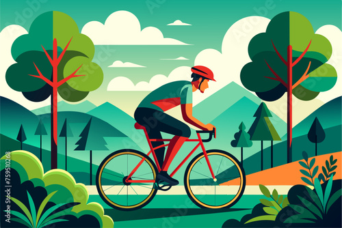 A cyclist pedals amidst a vibrant green forest, the trees forming a picturesque backdrop for the athletic endeavor.