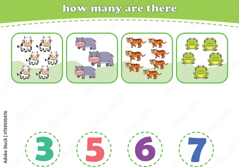 Educational worksheet for preschool kids. Count wild animals. Math game for children. Vector