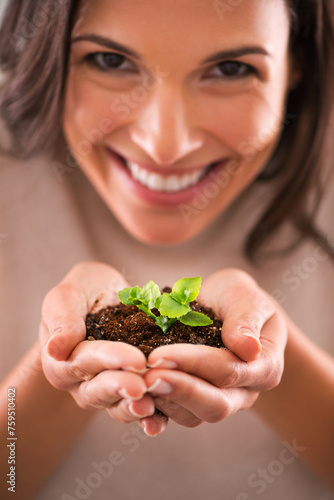 Woman, hands and plant with smile, soil and nature for future hope and growth. Person, environment and leaf for sustainability, accountability and future development or green energy with startup