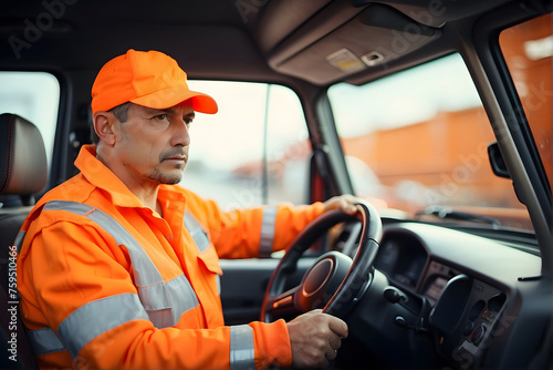 A man is driving a truck and looking at the camera