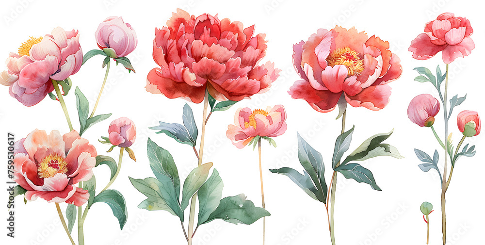 Set of peonies flower soft pink and red color watercolor, spring collection of hand drawn flowers, botanical plant illustration, elegant watercolor, white background.