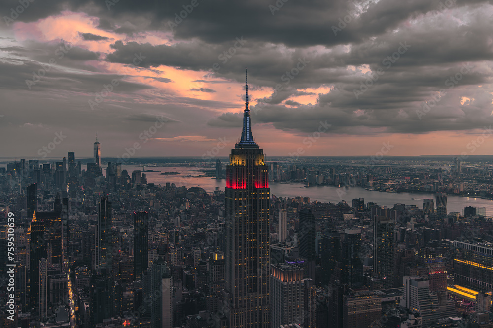 View of the New York City as seen from the top of Summit One Vanderbilt during sunset