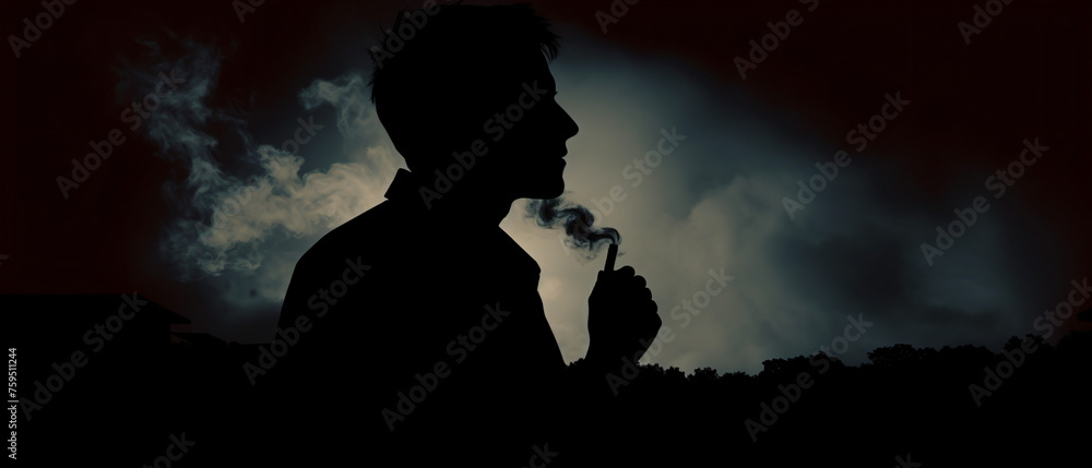 Silhouette of a smoking man inhaling smoke ..