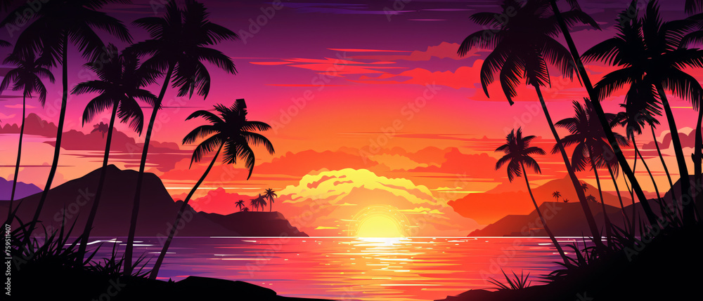 Silhouette of palm trees. Beautiful sunset ..