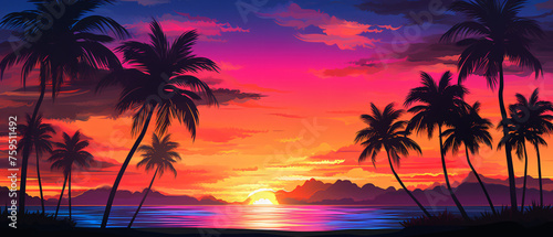 Silhouette of palm trees. Beautiful sunset .. © Black