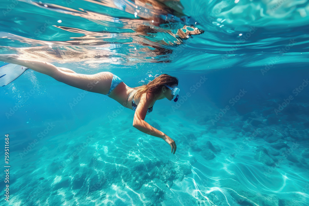 A beautiful woman in swimsuit swimming with many tropical fishes under the sea