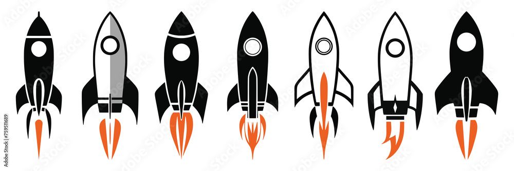 Rocket vector drawings set, cartoon illustration, isolated on white background