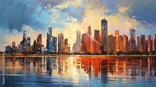 Skyline city view with reflections on water oil paint