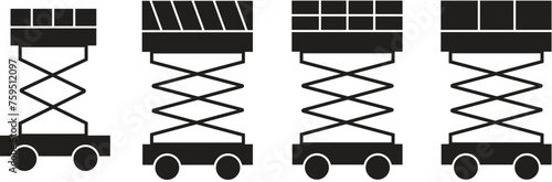 Set of Scissors lift icons in Fill styles. Lifting machine symbols. Industrial lifting machinery signs. Elements of construction tool. Premium quality graphic designs vector on transparent background.