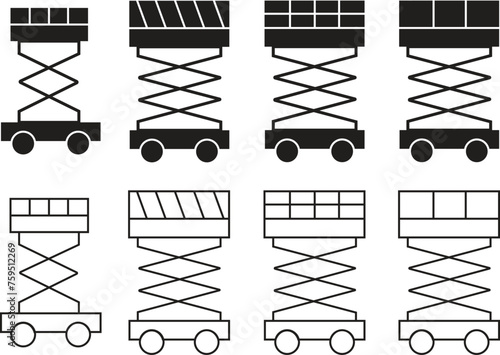 Set of Scissors lift icons in flat styles editable stock. Lifting machine symbols. Industrial lifting signs. Elements of construction tools. Premium quality graphic designs on transparent background.