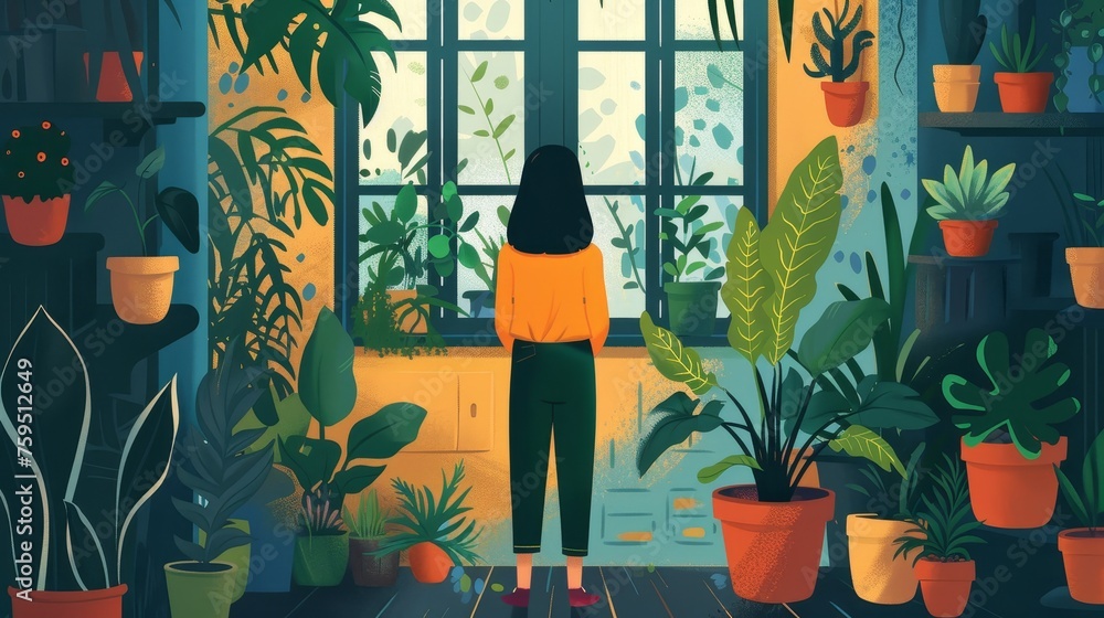 Cartoon Character Gardening in Cozy Home, Surrounded by Colorful Houseplants Cartoon Character Gardening in Cozy Home, Surrounded by Colorful Houseplants