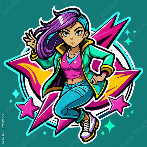 Sticker portraying a stylish girl in a dynamic pose, with graffiti-inspired elements and bold graphics