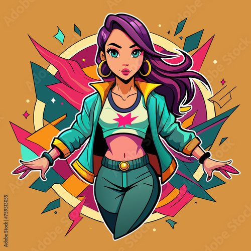 Sticker portraying a stylish girl in a dynamic pose, with graffiti-inspired elements and bold graphics