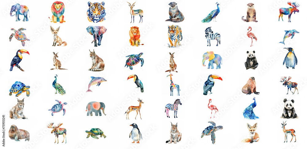 Vibrant watercolor collection of diverse wildlife animals, ideal for educational material and artistic backgrounds with ample space for text