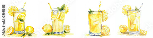 Set of lemon lemonades with mint, watercolor isolated  background