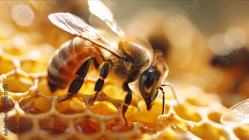 A honeybee is shown meticulously collecting nectar from the hexagonal cells of a honeycomb, with the glistening honey visible