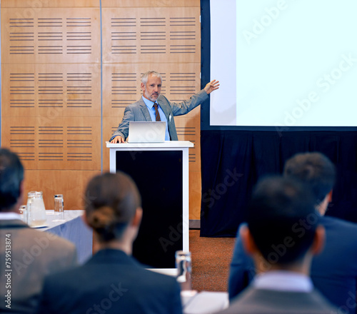 Photography Senior, businessman and speaker with presentation on projector for meeting, seminar or conference at office