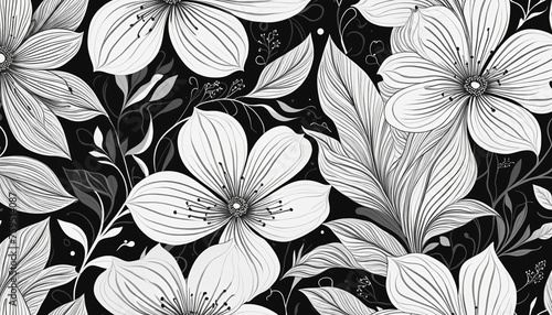 Abstract black and white flower art pattern. Trendy contemporary floral nature shape background illustration. Natural organic plant leaves artwork wallpaper print. Vintage spring texture. 