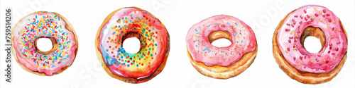 Set of four assorted watercolor doughnuts with colorful icing and sprinkles on a white background  ideal for dessert menus or bakery promotions with copy space