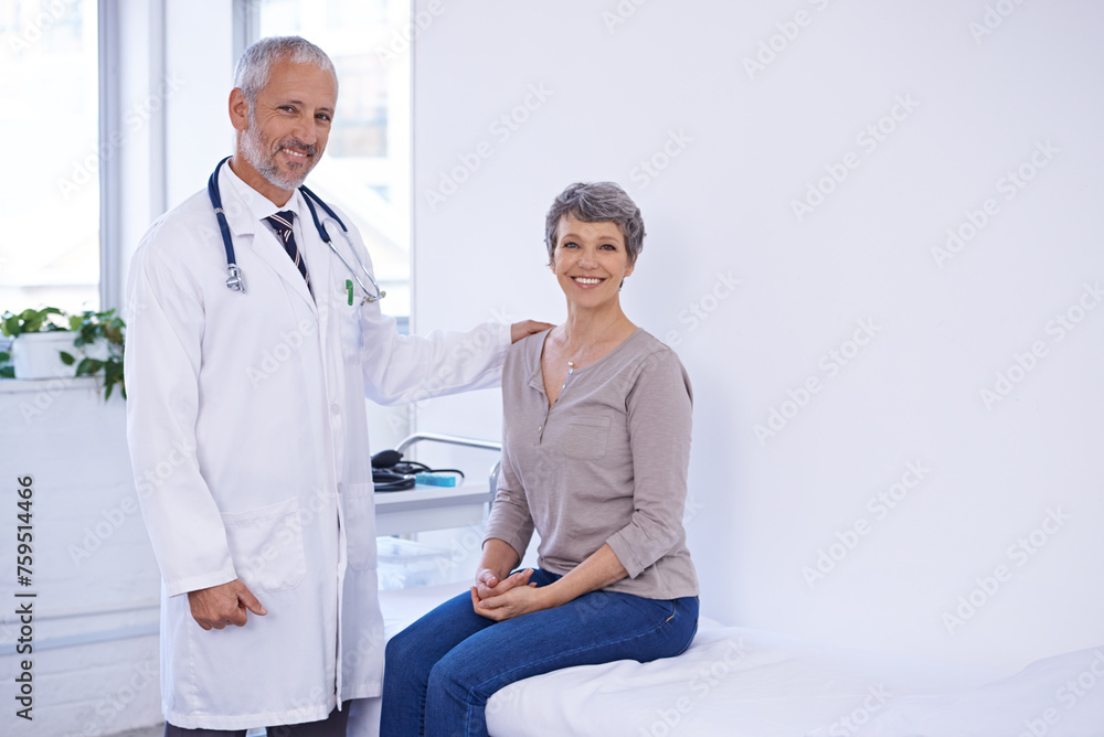 Hospital, portrait and senior woman with doctor in a consultation room for examination, results or help. Healthcare, face and elderly patient consulting health expert for medical, support and advice Hospital, portrait and senior woman with doctor in a consultation room for examination, results or help. Healthcare, face and elderly patient consulting health expert for medical, support and advice