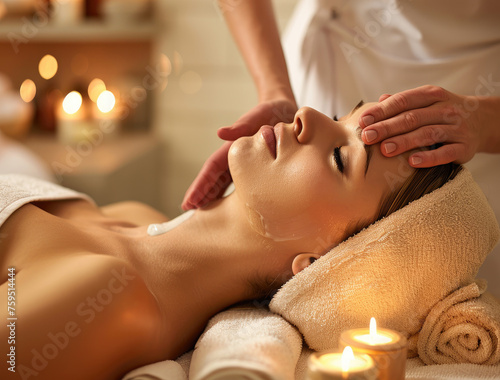 Young woman having a facial massage in a spa salon