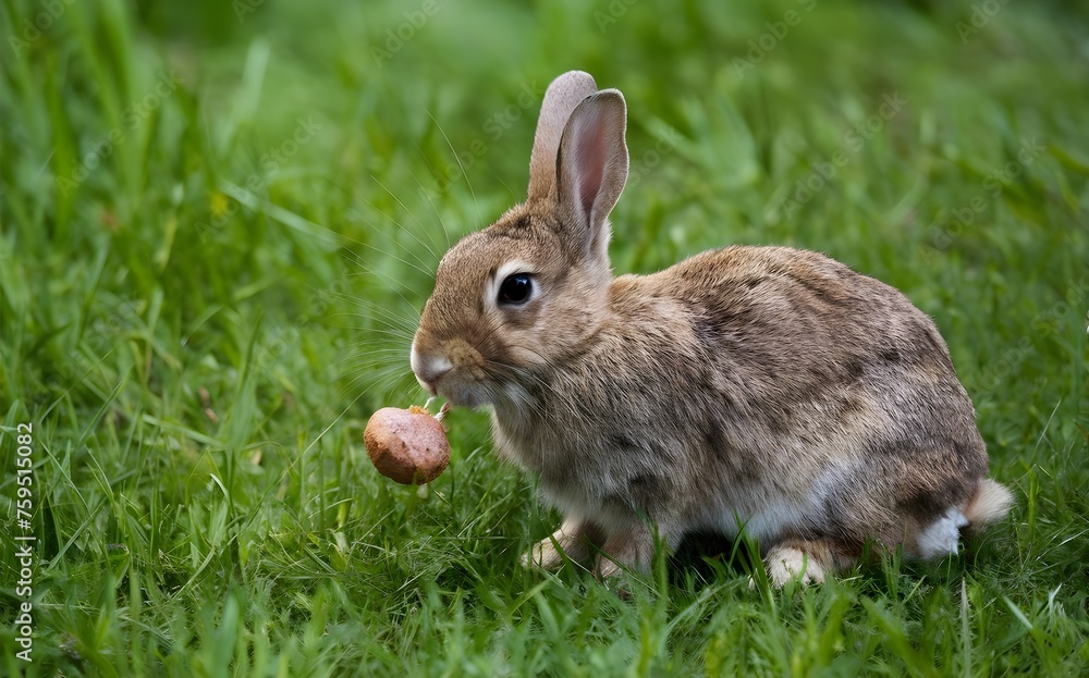A rabbit eating a small object in grass
A rabbit eating a small object in grass