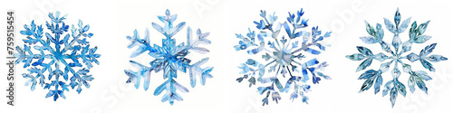 Set of four unique watercolor snowflakes on a white background, ideal for winter-themed designs and holiday decorations, with ample space for text photo