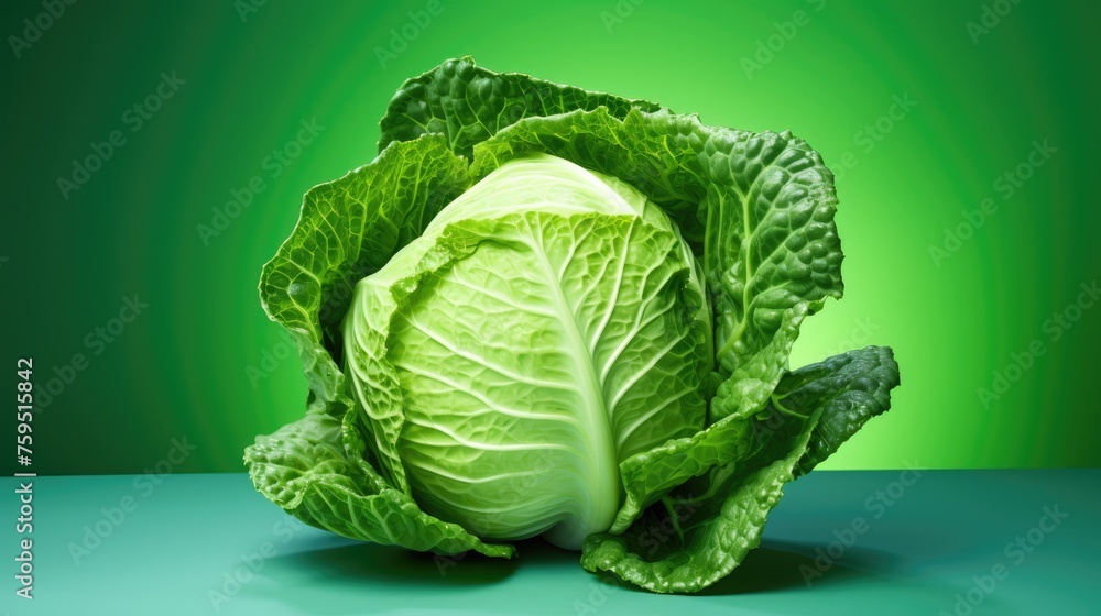 Fototapeta premium White cabbage on a green background. A whole, large head of cabbage. Fresh harvest, the concept of healthy eating and vegetarianism.