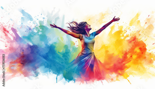 A woman is dancing in a colorful background