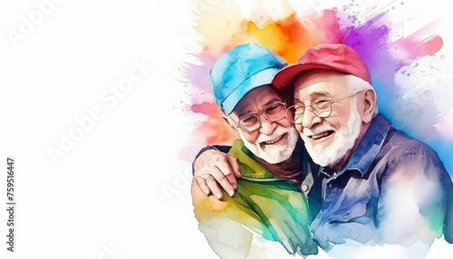 Two men are holding a rainbow flag and smiling