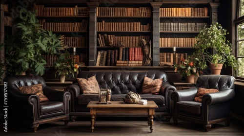 Cozy vintage library with antique books