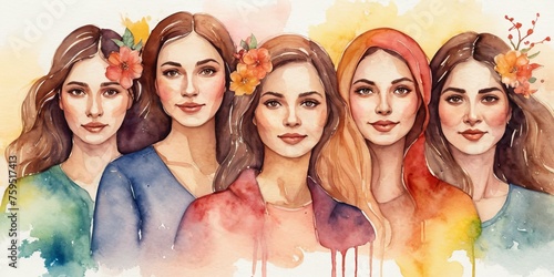 A watercolor illustration of group of women are standing in a row, each wearing a different colored dress. The colors range from pink to green, and the women are all smiling.