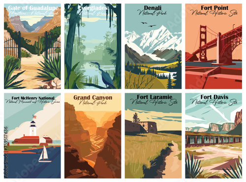 Set of 8 Vintage National Park Posters National Park Art Prints, Nature Wall Art, and Mountain Print Travel Wall Art Living Room Bedroom Bathroom Decor.