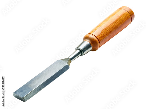 Metal chisel with wooden handle isolated on transparent background.
