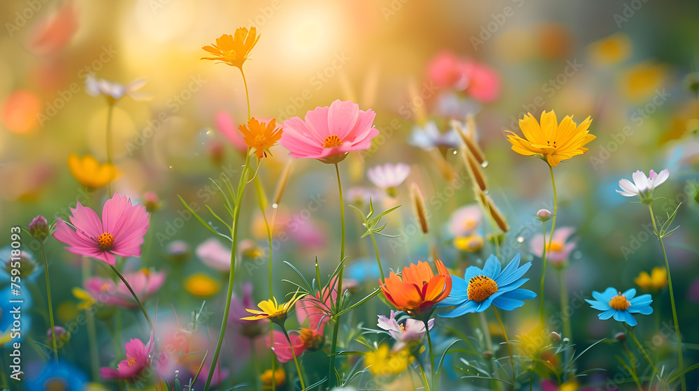 Beautiful meadow with wild flowers, soft focus nature background.