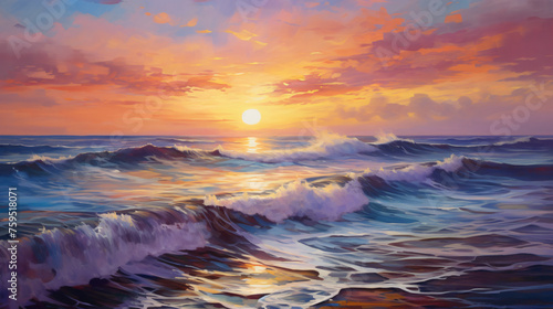 Sunset on the sea painting by oil on canvas. 